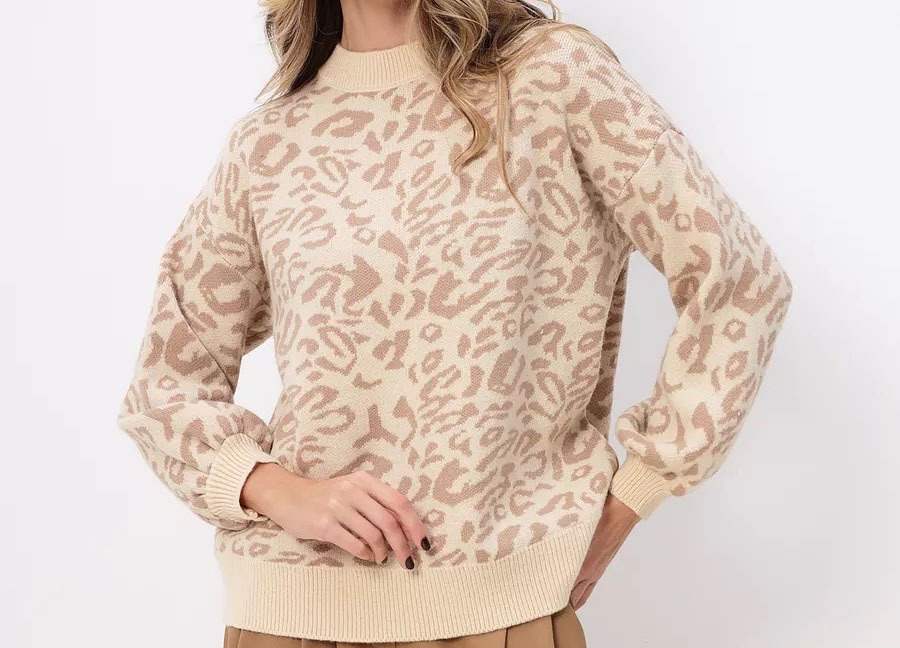 Leopard-print loose-fit bell-sleeve crewneck knit sweater