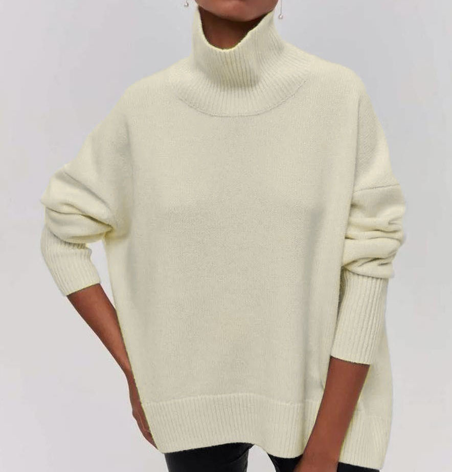 High-neck loose-fit solid-color sweater