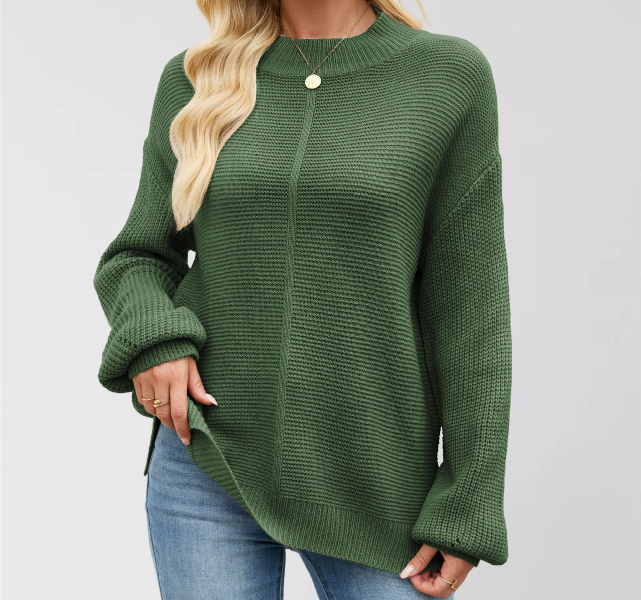 Solid-color loose-fit crewneck sweater