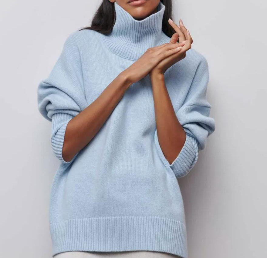High-neck loose-fit solid-color sweater