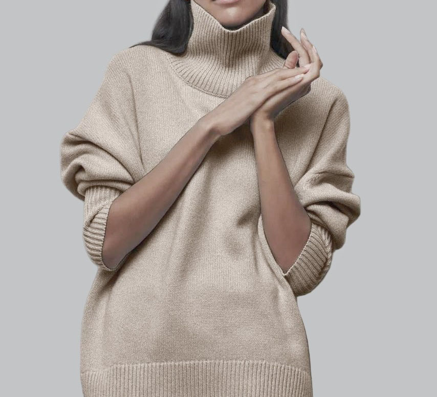 High-neck loose-fit solid-color sweater