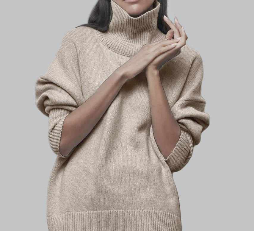 High-neck loose-fit solid-color sweater
