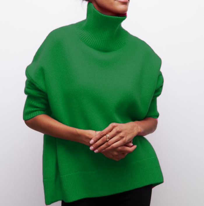 High-neck loose-fit solid-color sweater