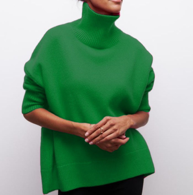 High-neck loose-fit solid-color sweater