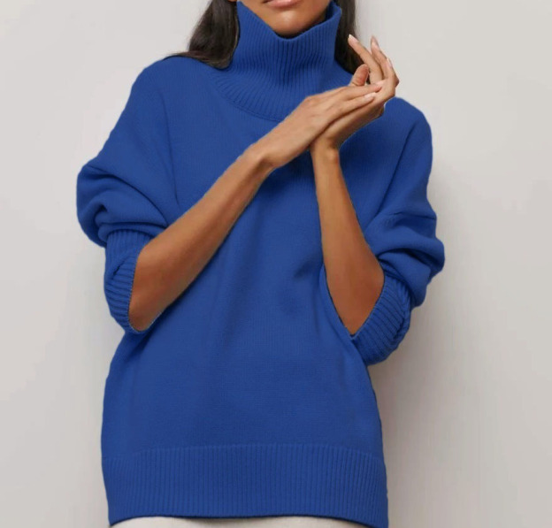 High-neck loose-fit solid-color sweater
