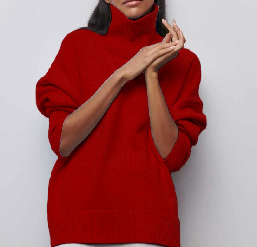 High-neck loose-fit solid-color sweater