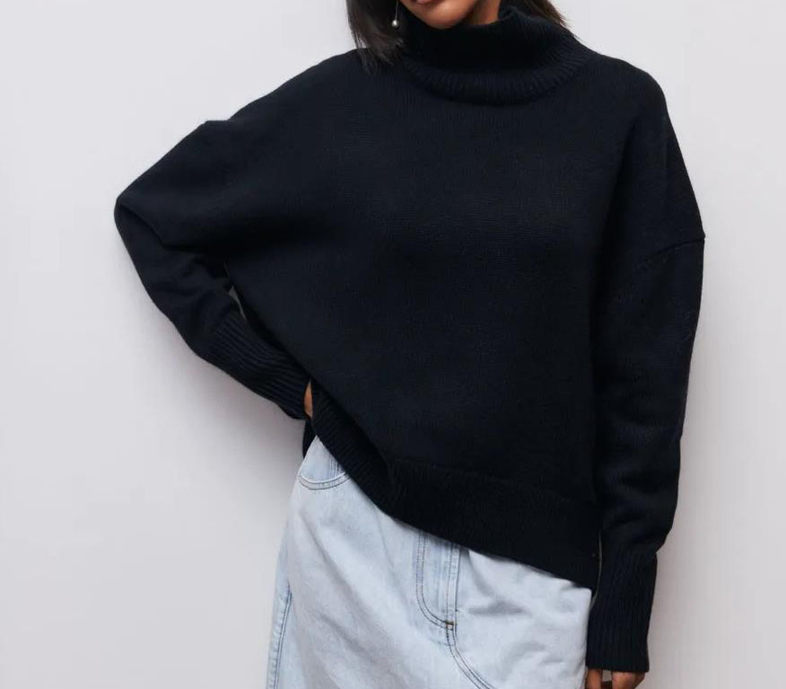 High-neck loose-fit solid-color sweater