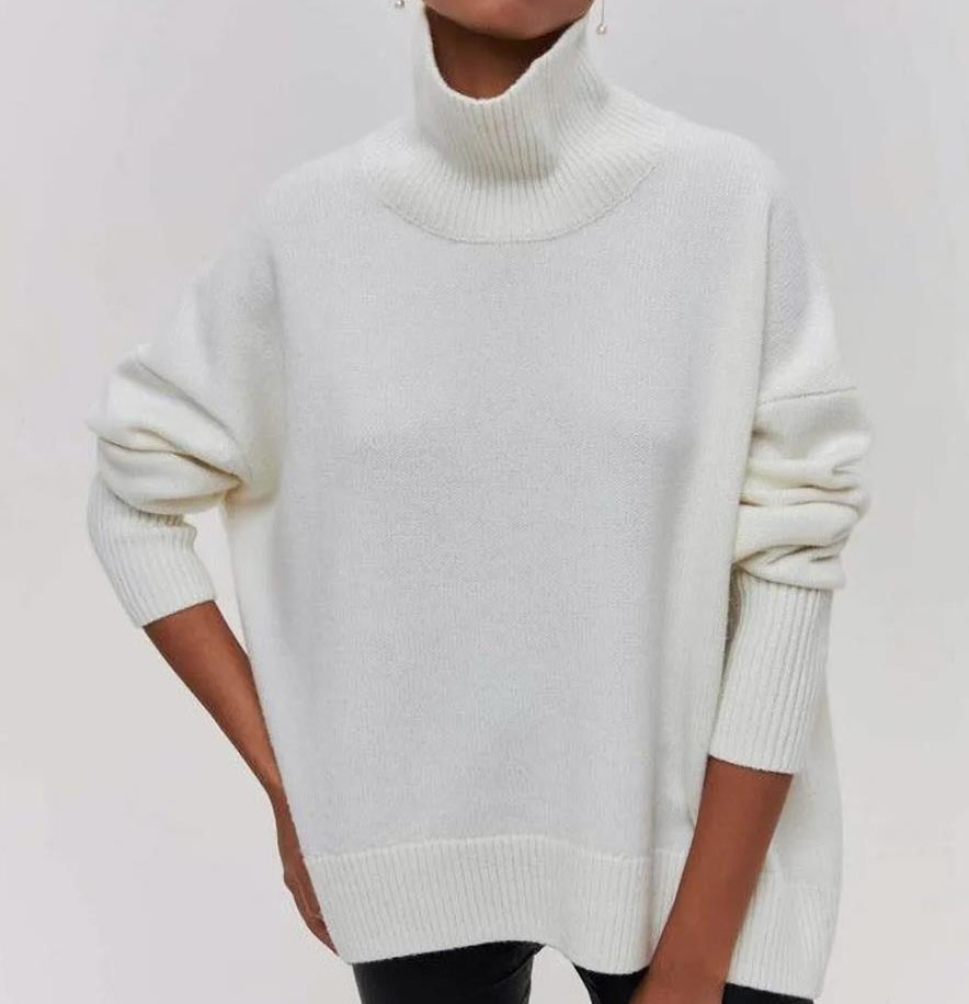 High-neck loose-fit solid-color sweater