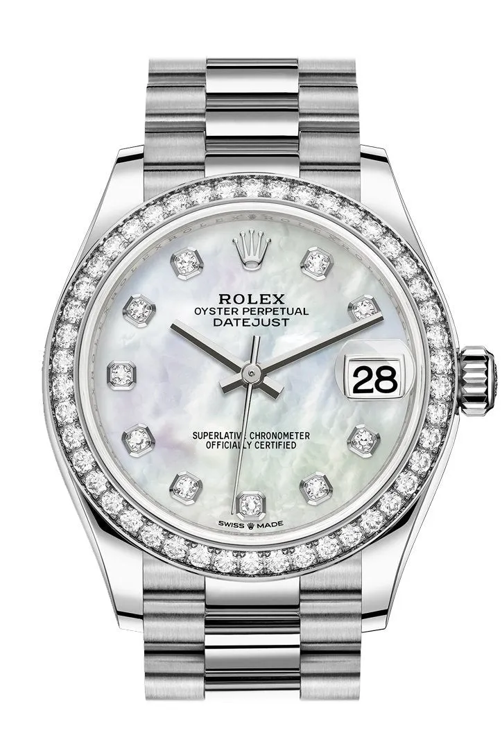 Datejust 31 White mother-of-pearl Diamond Dial Diamond Bezel 18K White Gold President Ladies Watch 278289RBR