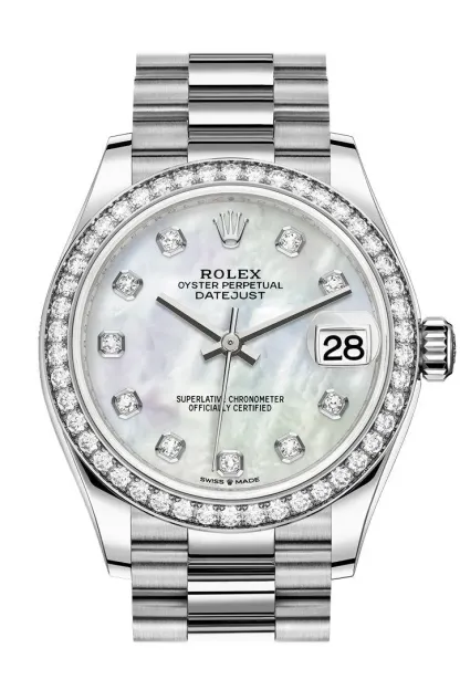 Datejust 31 White mother-of-pearl Diamond Dial Diamond Bezel 18K White Gold President Ladies Watch 278289RBR