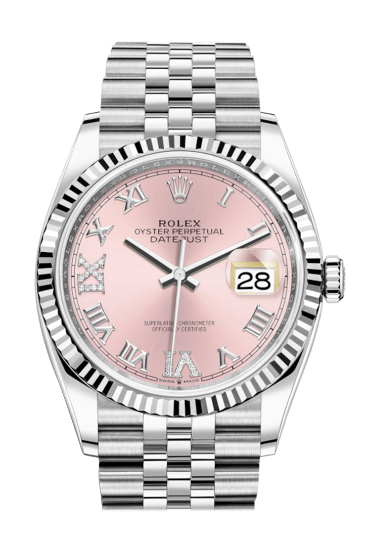 Datejust 36 Pink Roman VI and IX 24 Diamonds Dial Automatic Jubilee Watch 126234