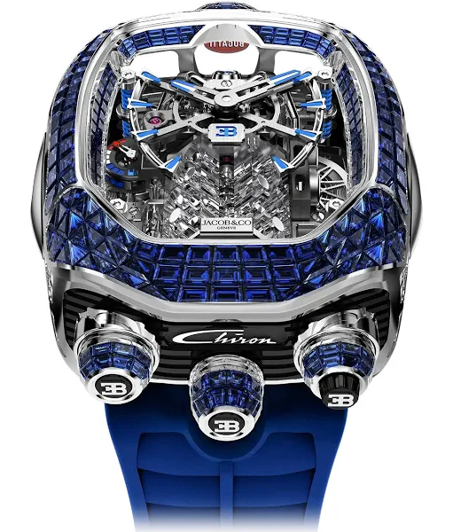 Bugatti Chiron Tourbillon Baguette Blue Sapphires White Gold on Strap