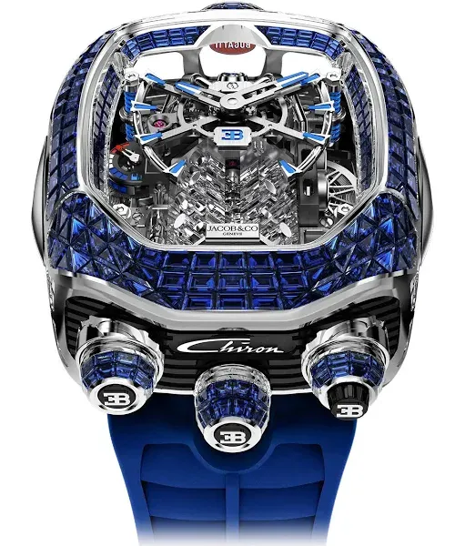 Bugatti Chiron Tourbillon Baguette Blue Sapphires White Gold on Strap