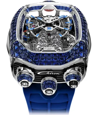 Bugatti Chiron Tourbillon Baguette Blue Sapphires White Gold on Strap