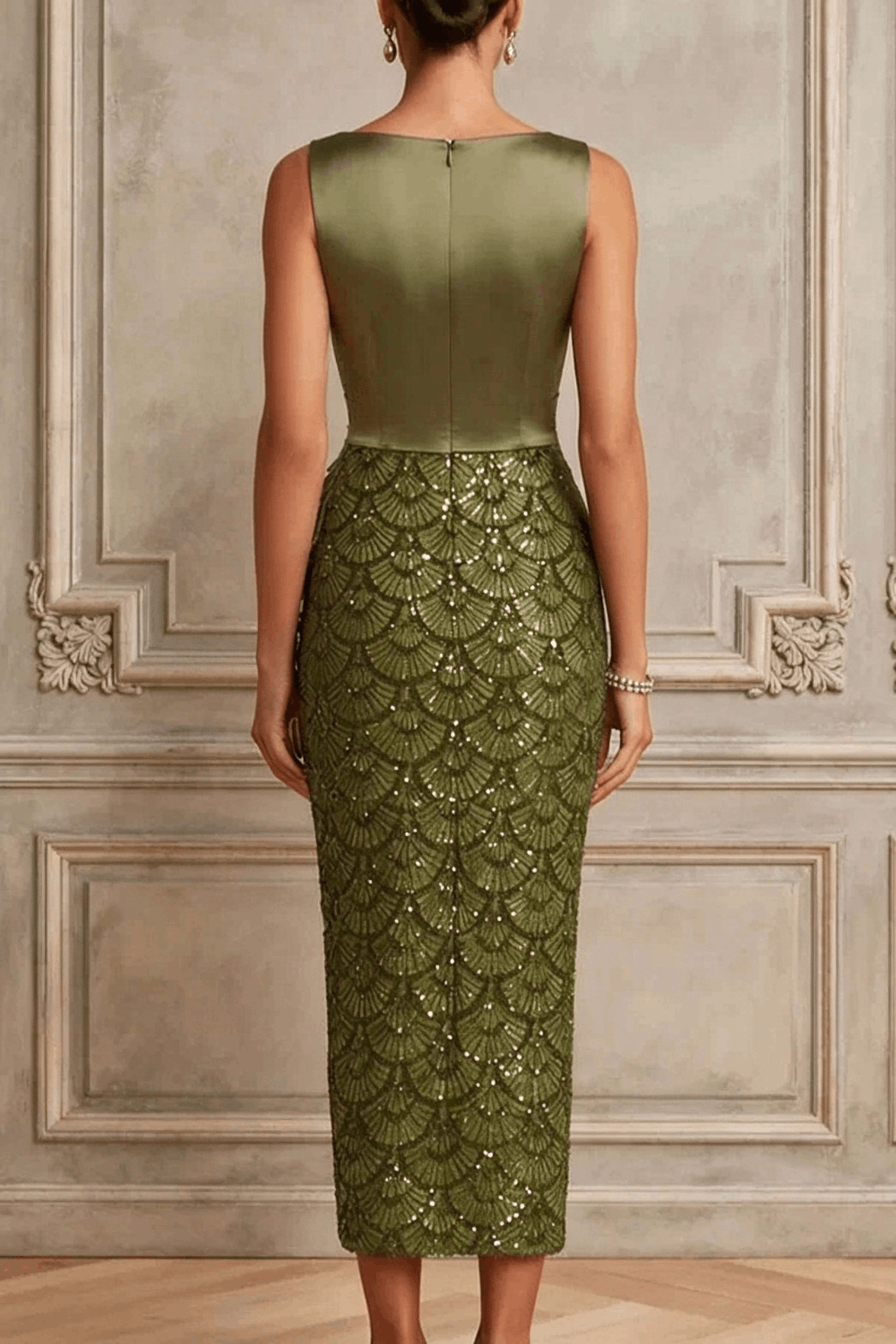 Julieta Pleated Satin Fan-shaped Sequin Hem Boat Neck Sleeveless Midi Dress