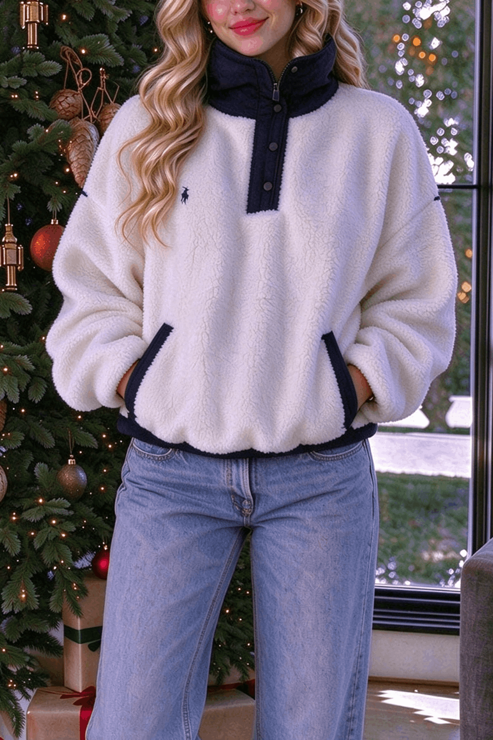 Cute Bear Print Colorblock High-Pile Fleece Zipper High Neck Long Sleeve Pocket Sweatshirts