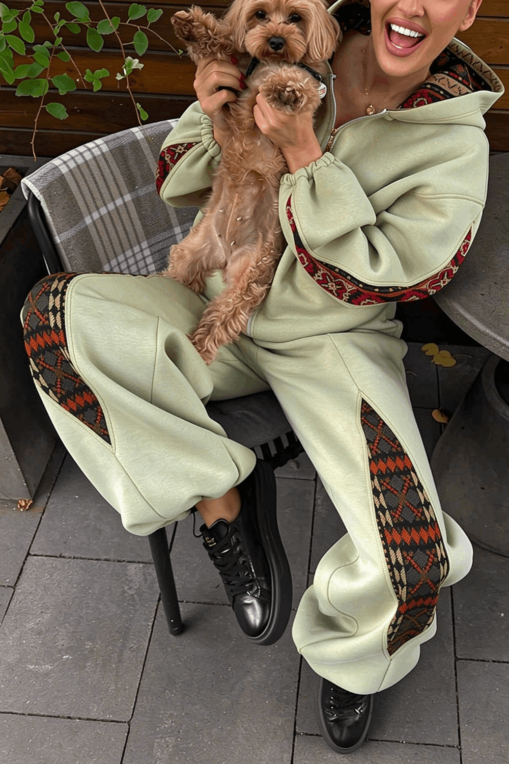 Ethnic-style Print Patchwork Zip Long Sleeve Hoodie and Elastic Waist Pocket Jogger Set