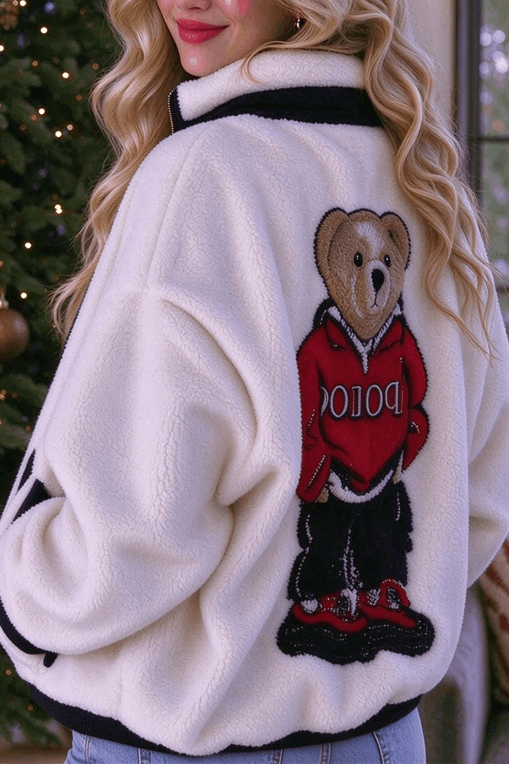 Cute Bear Print Colorblock High-Pile Fleece Zipper High Neck Long Sleeve Pocket Sweatshirts
