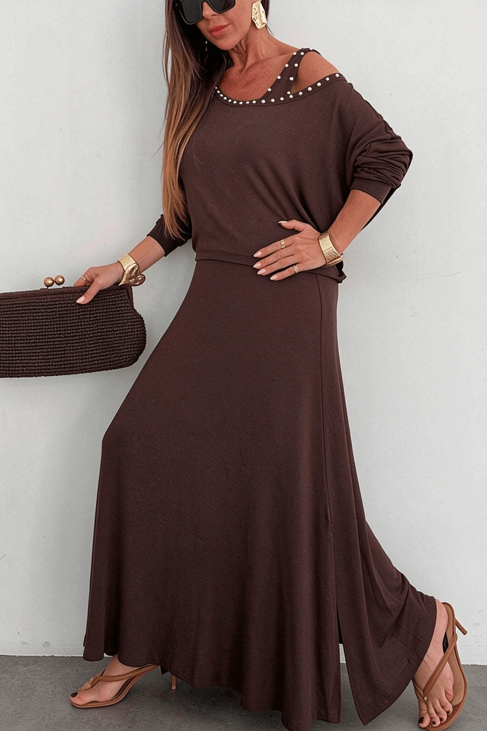 Samara Modal Beaded Detail Batwing Sleeves Loose Top and Tank Slit Maxi Dress Two Pieces Set