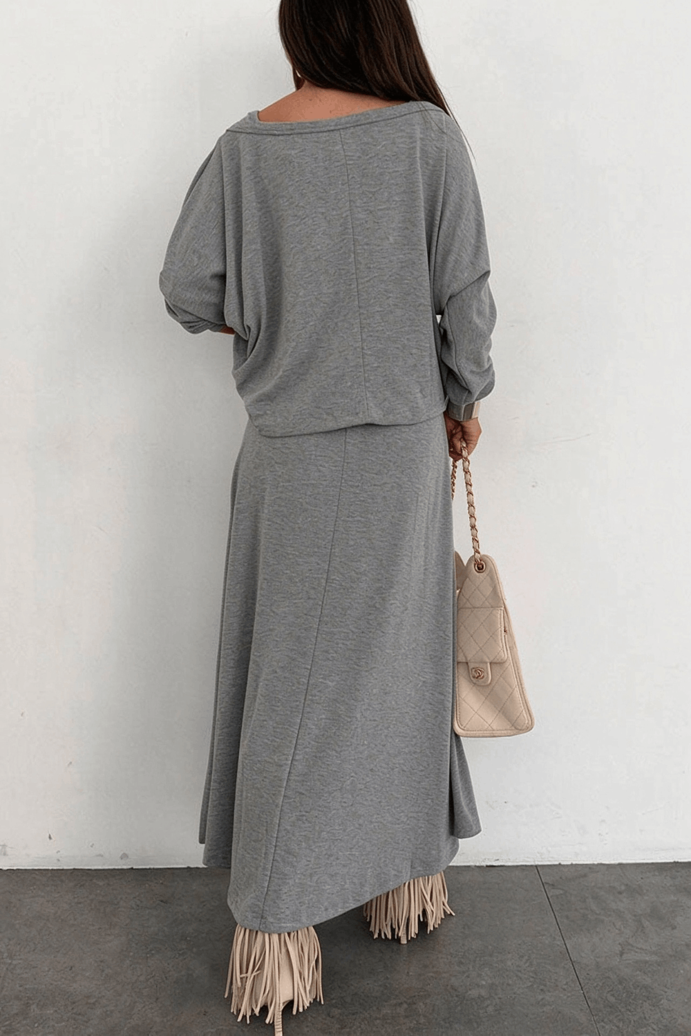 Samara Modal Beaded Detail Batwing Sleeves Loose Top and Tank Slit Maxi Dress Two Pieces Set
