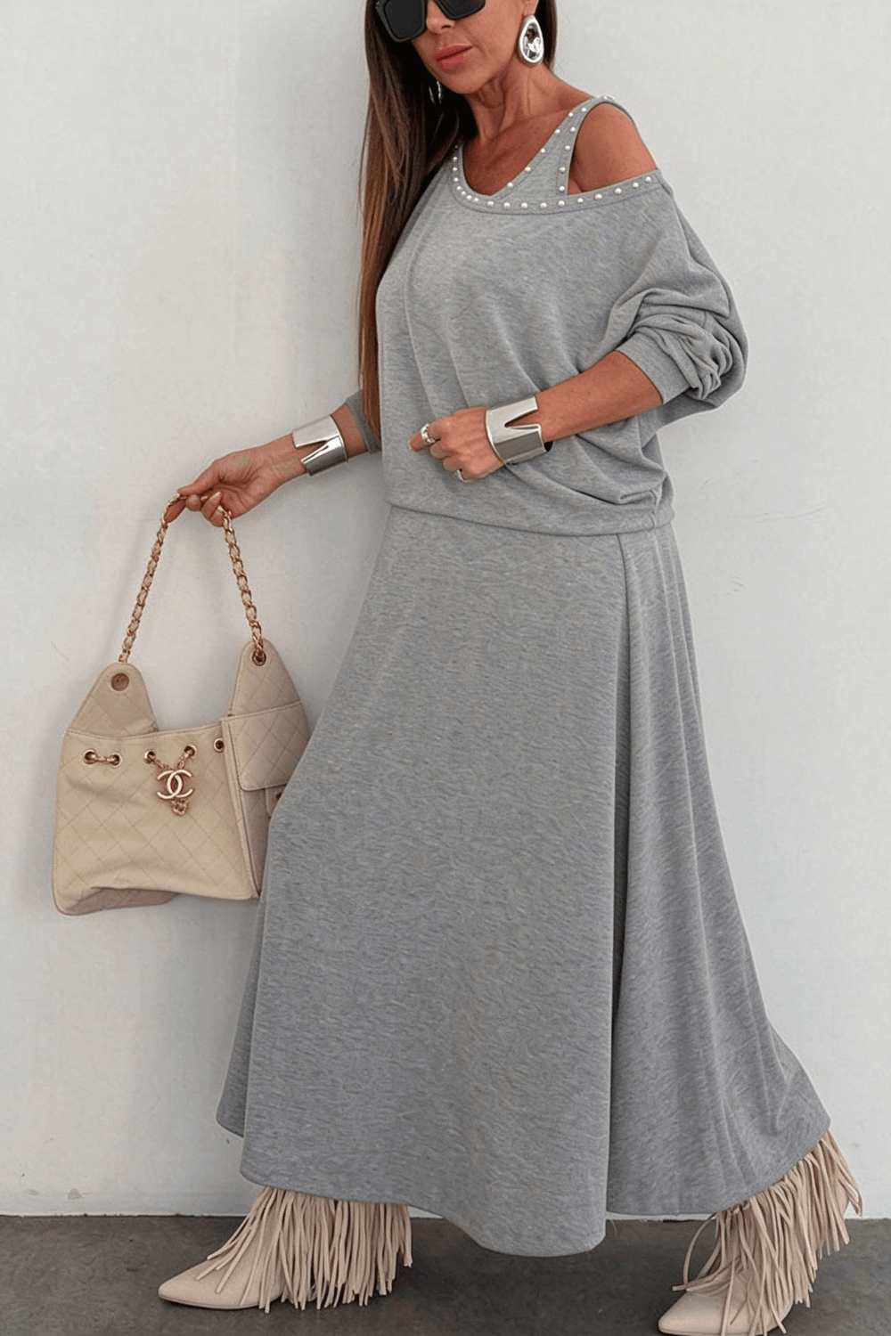 Samara Modal Beaded Detail Batwing Sleeves Loose Top and Tank Slit Maxi Dress Two Pieces Set