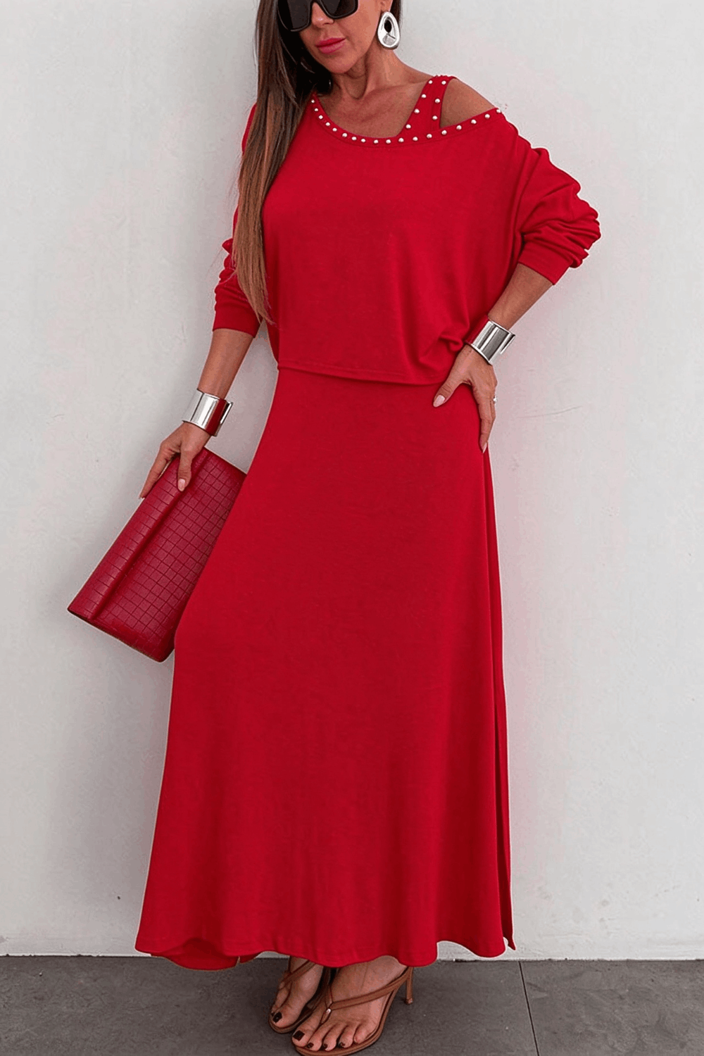 Samara Modal Beaded Detail Batwing Sleeves Loose Top and Tank Slit Maxi Dress Two Pieces Set