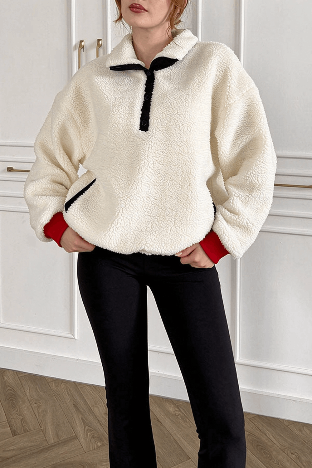 Christmas Reindeer Print Colorblock Trim High-Pile Fleece Zipper Half Neck Long Sleeve Pocket Sweatshirts