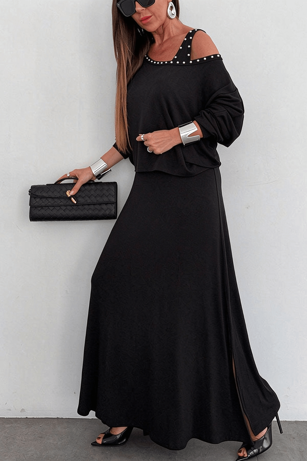 Samara Modal Beaded Detail Batwing Sleeves Loose Top and Tank Slit Maxi Dress Two Pieces Set