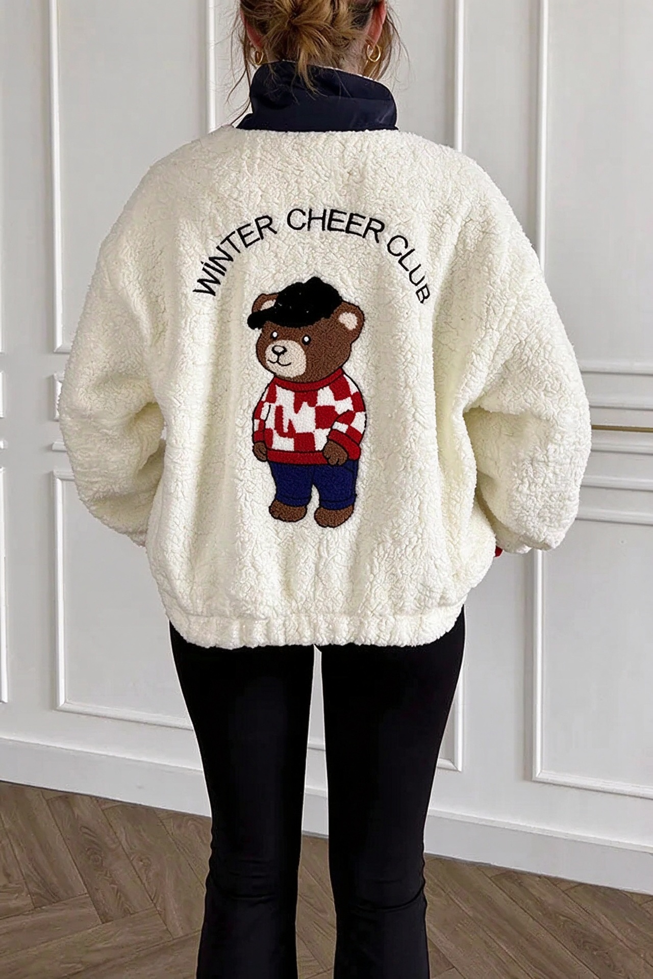 Plaid Teddy Bear Print Colorblock High-Pile Fleece Zipper High Neck Long Sleeve Pocket Sweatshirts