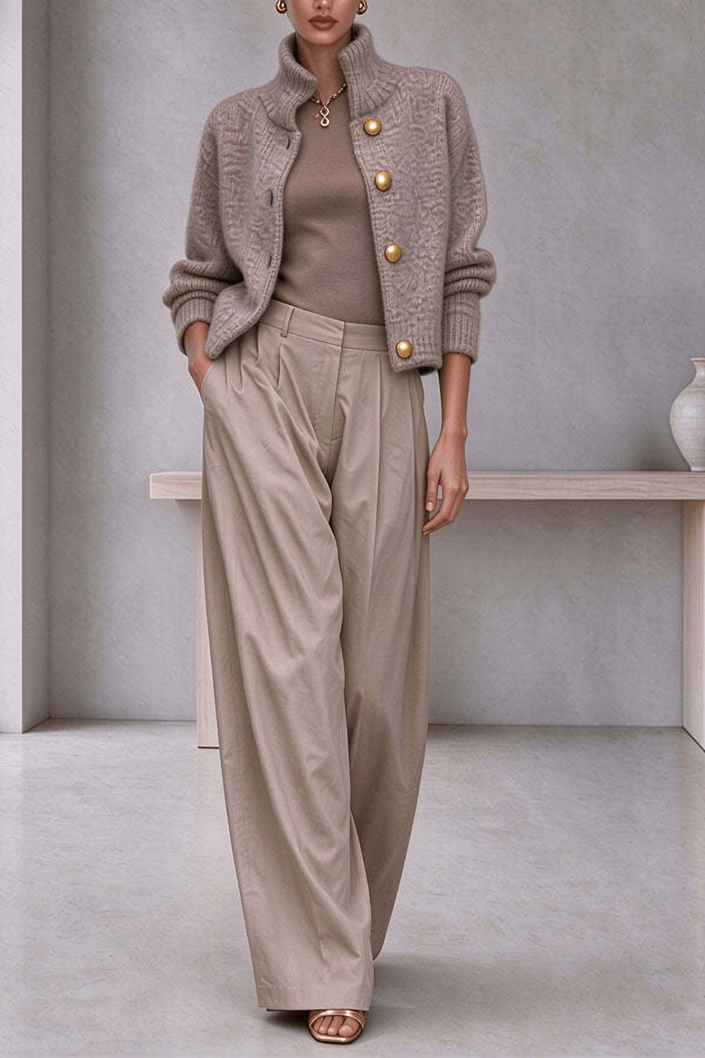 Kylien Knit High Neck Metal Button Long Sleeve Crop Jacket Cardigan