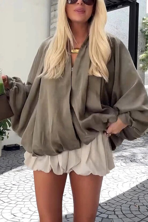 Fashion Lapel Loose Puff Long Sleeve Casual Zipper Jacket-consonak