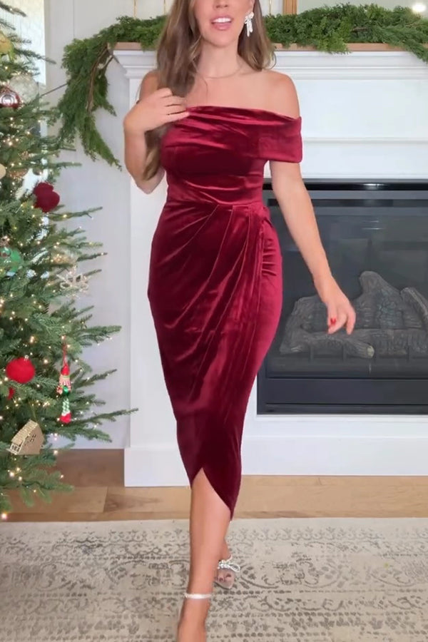 Solid Color Velvet Off-shoulder Slim-fit Elegant Slit Midi Dress-consonak