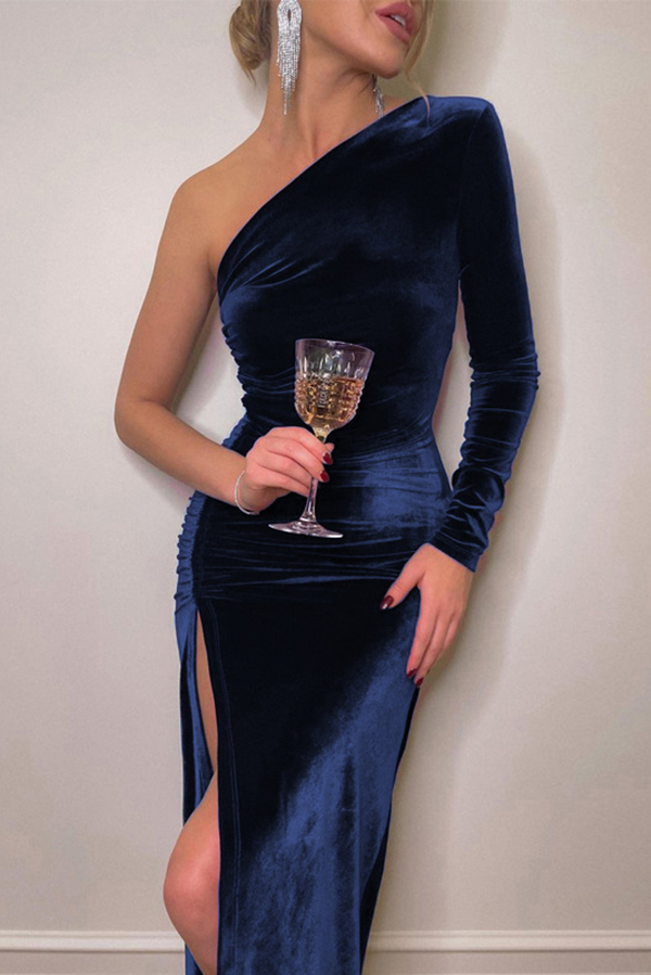Velvet Sexy Single Sleeve Slimming High Slit Midi Dress-consonak