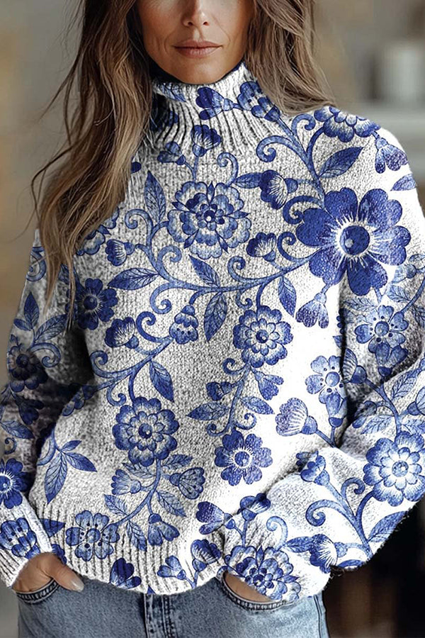 Floral Pattern High-Neck Long-Sleeved Loose Sweatshirt-consonak