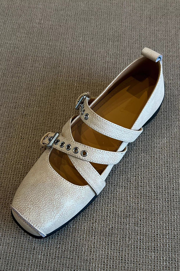 Bow Cross Strap Square Toe Ballet Flats | Consonak