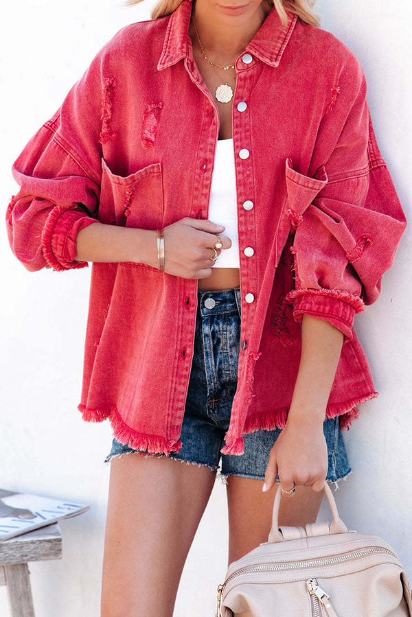 Stylish Lapel Long Sleeve Ripped Denim Jacket-consonak