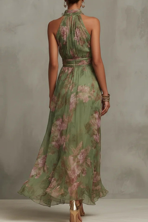 Floral Print Halter Neck Sleeveless Fitted Waist Casual Vacation Maxi Dress | Consonak