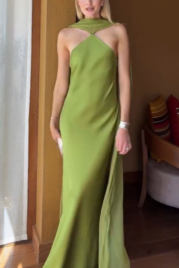 Elegant and Refined Satin Detachable Scarf-style Halter Maxi Dress | Consonak