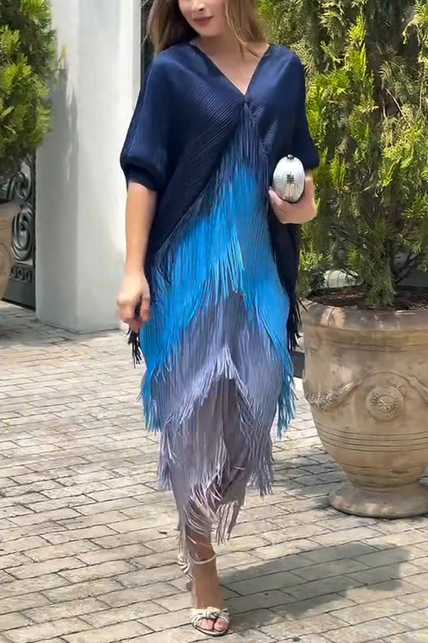 Fashionable Color-blocked Multi-layered Tassel Loose Midi Dress-consonak