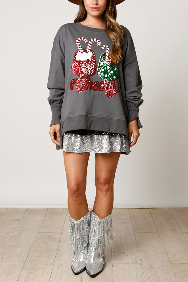 Christmas Candy Cup Sequined Casual Loose Sweatshirt-consonak