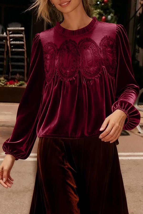 Fashionable Velvet and Lace Patchwork Loose Long-sleeved Top-consonak