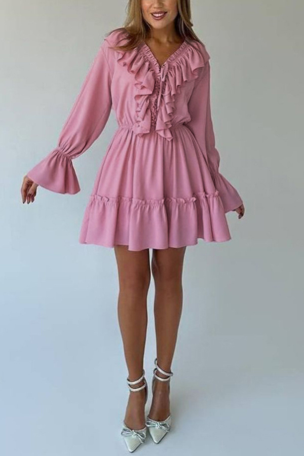 Solid Color V-neck Ruffled Ruched Long-sleeved Vacation Mini Dress | Consonak