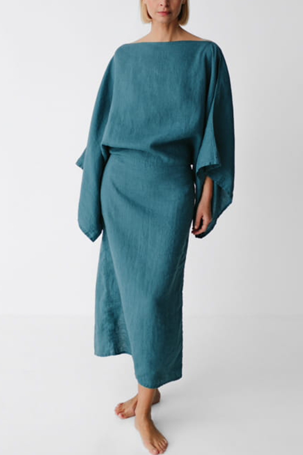 Stacie Linen Blend Wide Neck Batwing Sleeves Tie-up Waist H-line Maxi Dress