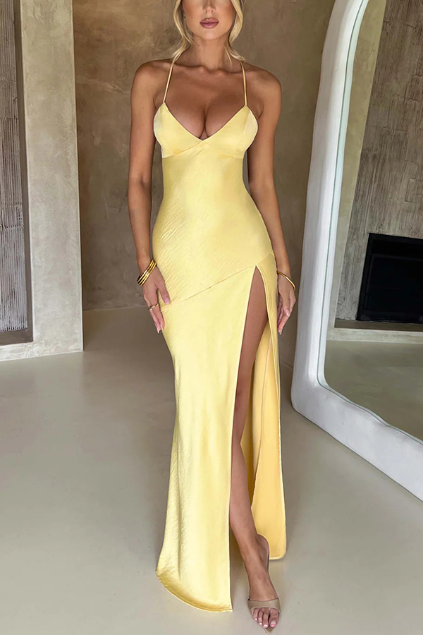 Satin Solid Color Sexy Backless Lace Up High Slit Maxi Dress-consonak