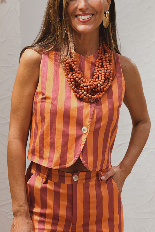 City Outfit Colorful Stripes Button Up Vest and Elastic Waist Pocket Loose Pants Set | Consonak