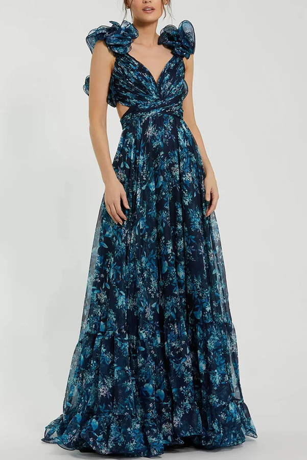 Delicate Garden Chiffon Floral Print Tiered Ruffle Cutout Back Lace-up Gown Maxi Dress | Consonak