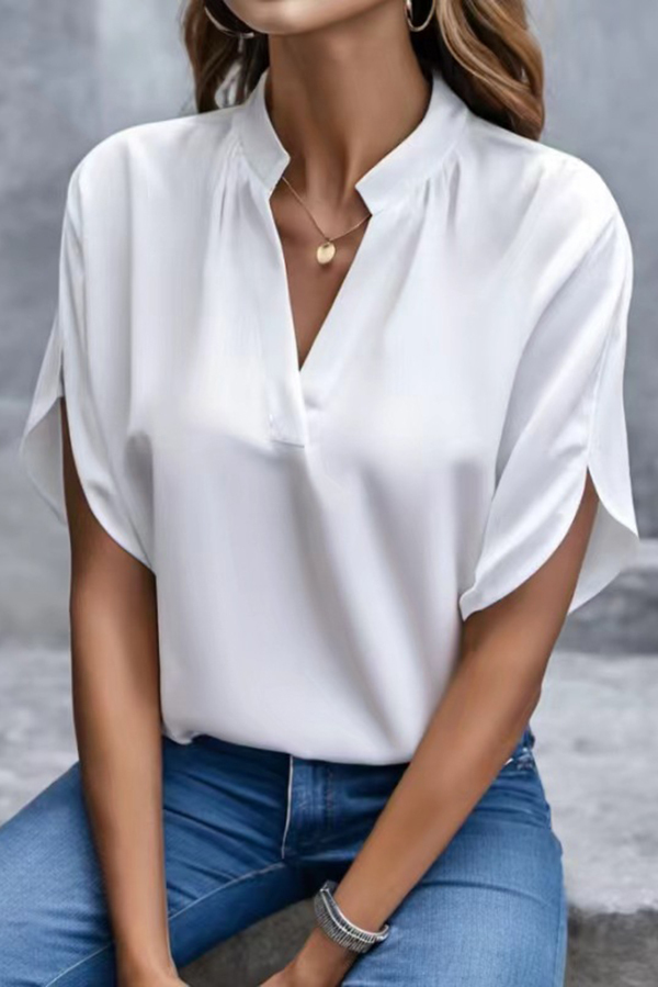 Solid Color V-neck Short-sleeved Casual Loose Shirt Top-consonak
