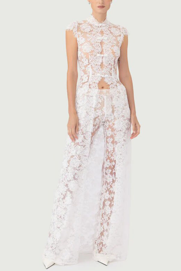 Saphina Floral Lace Mid Rise Side Zipper Flare Maxi Pants-consonak