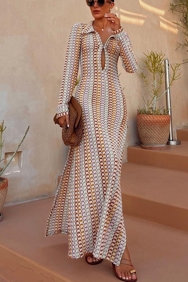 Bondi Beach Knit Colorful Wave Print Long Sleeve Vacation Maxi Dress-consonak