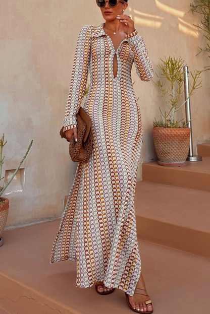 Bondi Beach Knit Colorful Wave Print Long Sleeve Vacation Maxi Dress-consonak